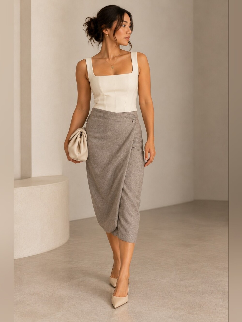 Babaton Atelier Wrap Midi Skirt in Heathered Taupe